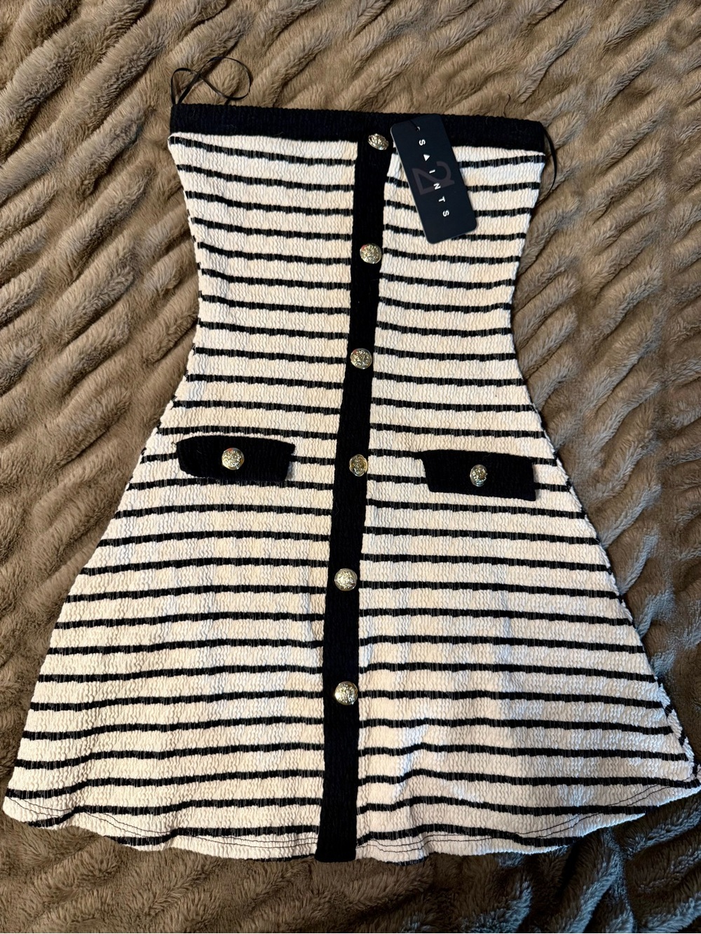 Striped Black & White Mini Dress with Gold Buttons